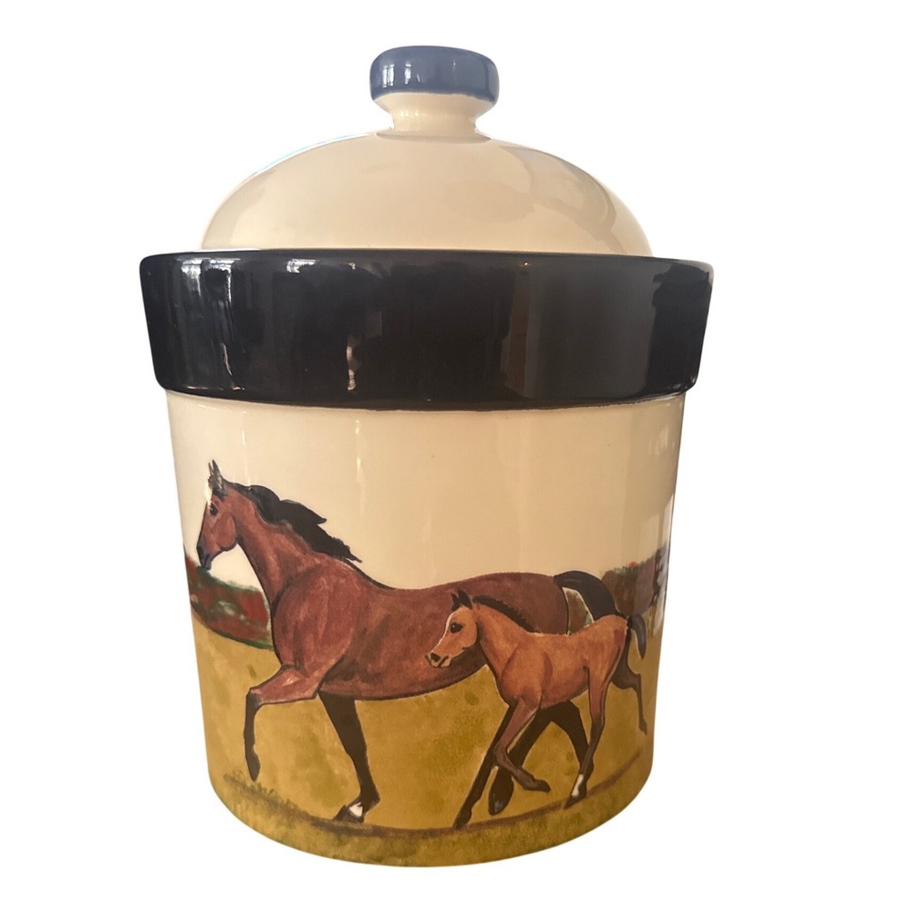 Zeppa Studios Kent CT Hand Painted Horse & Foal Ceramic Lidded Canister Jar EUC